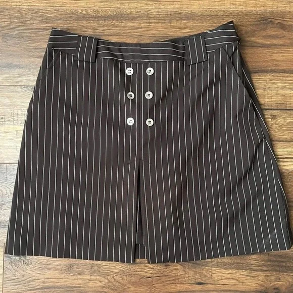 Y2K‎ Brown Pinstripe Mini Skirt Hidden Shorts Women 4 Officecore Preppy Academia - Picture 2 of 7
